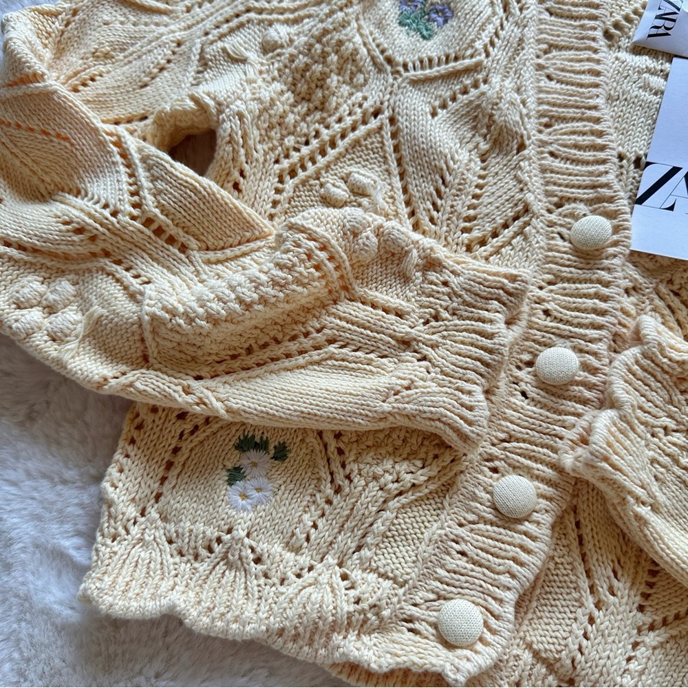 Zara Women's Yellow Cardigan Sweater with Flowers - Picture 3 of 9